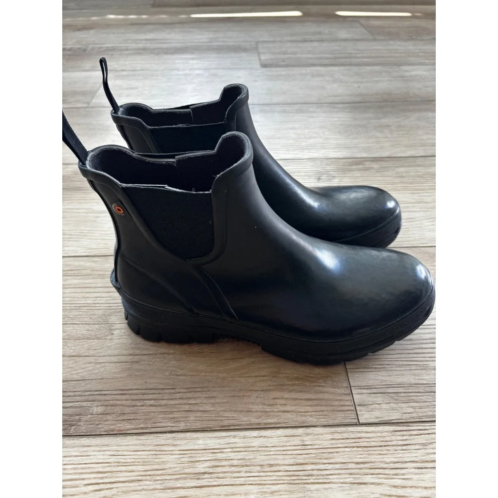 Bogs Amelia Slip On Black Waterproof Rain Boots Womens 7 Ankle Chelsea 79000-001